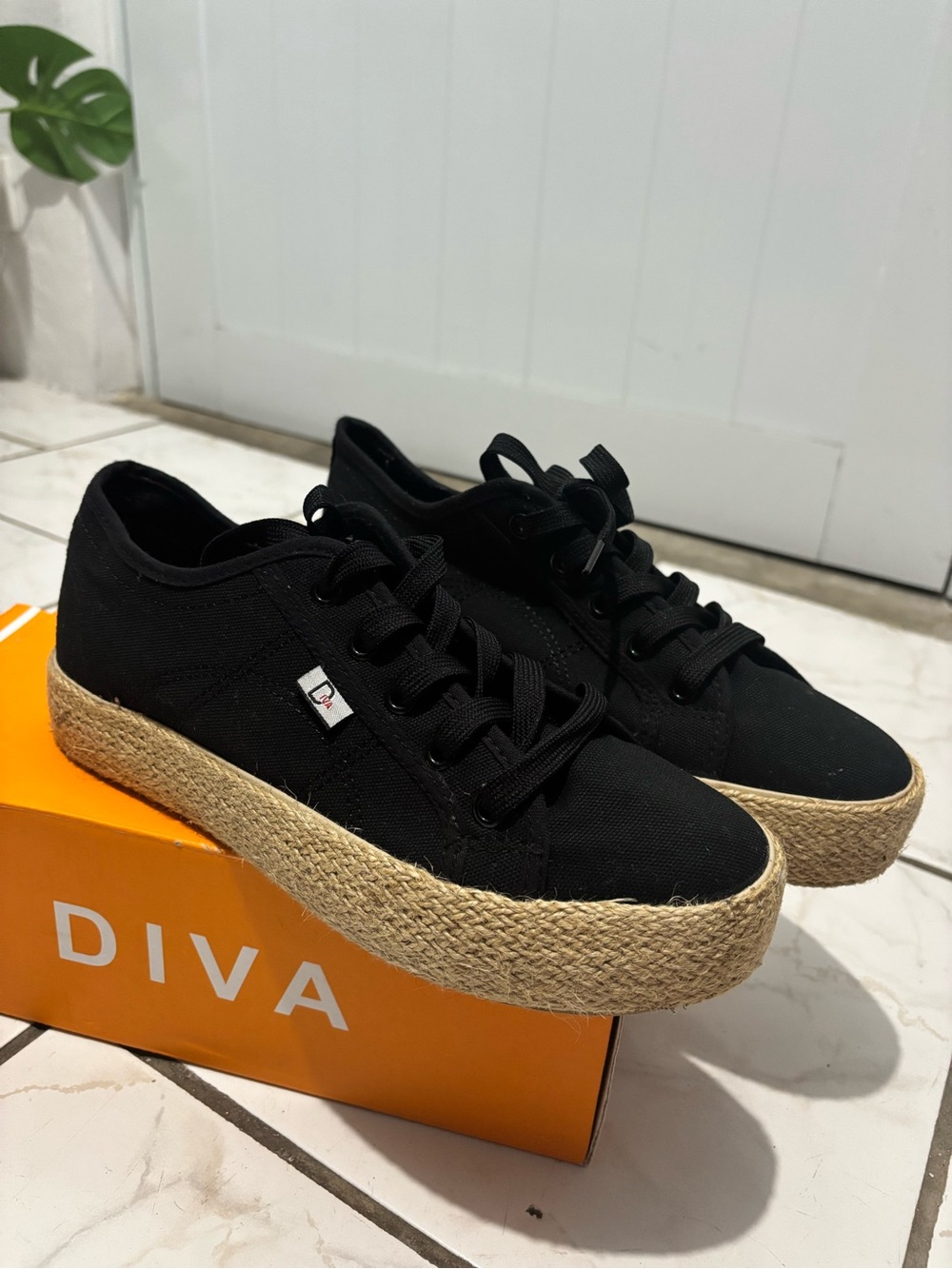 Diva Black Canvas Espadrille Platform Sneakers with Jute Sole